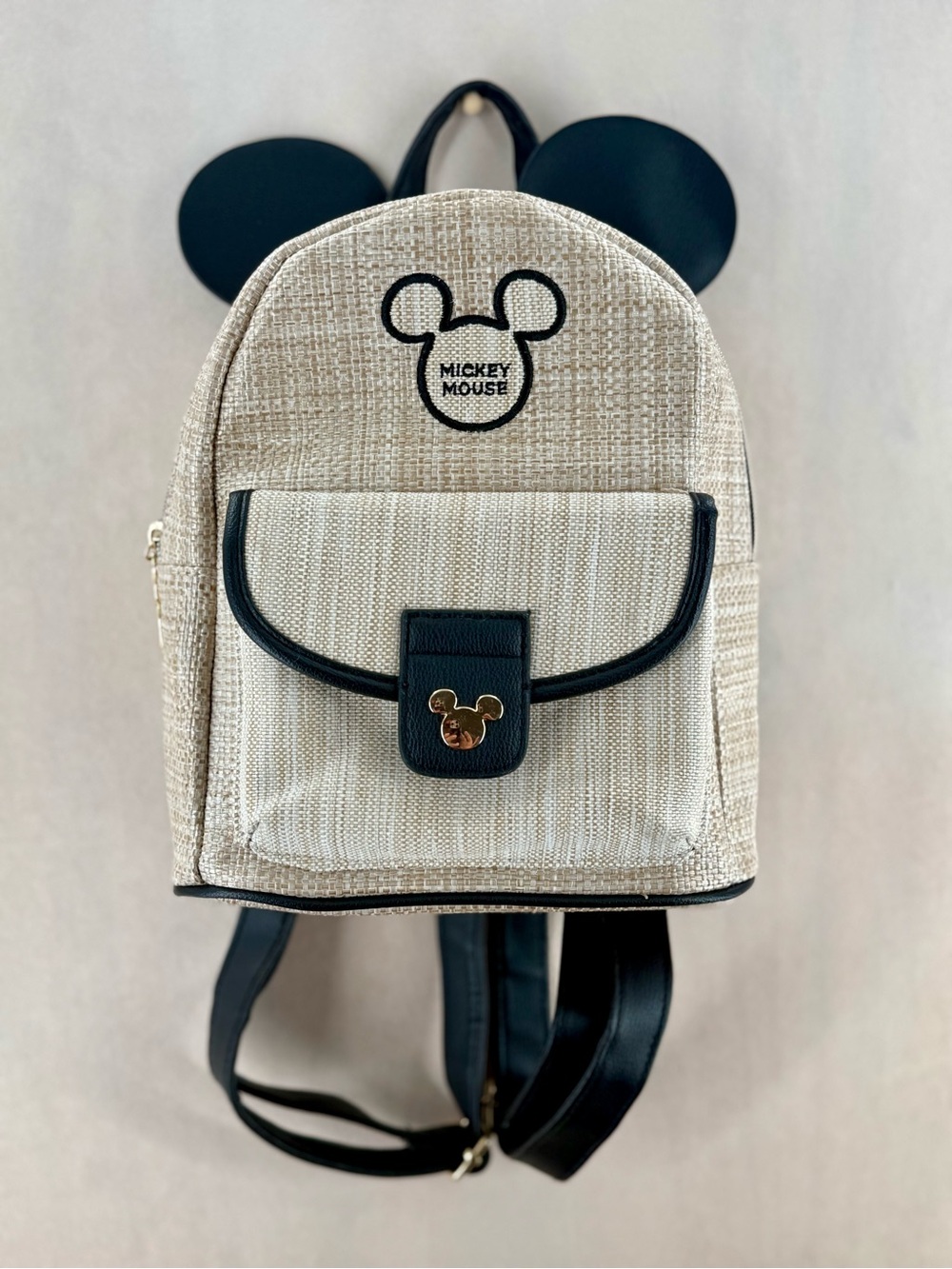 Disney Mickey Mouse Mini Backpack Beige Black Woven Ears Gold Hardware